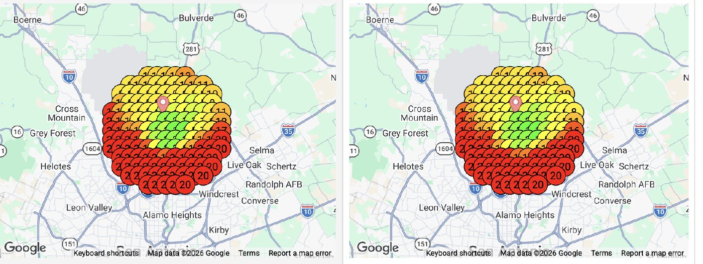 Google Maps rank grid for roof repair across a South Texas metro area