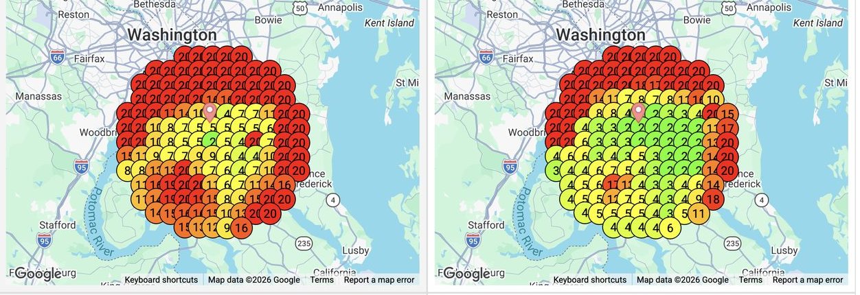 Google Maps rank grid for a family law practice, top-20 coverage growing from 79 to 103 grid points