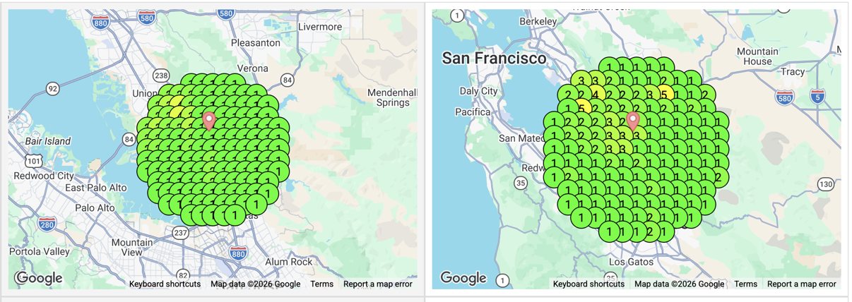 Google Maps rank grid for sewage cleanup across a Bay Area service radius, showing top-tier coverage